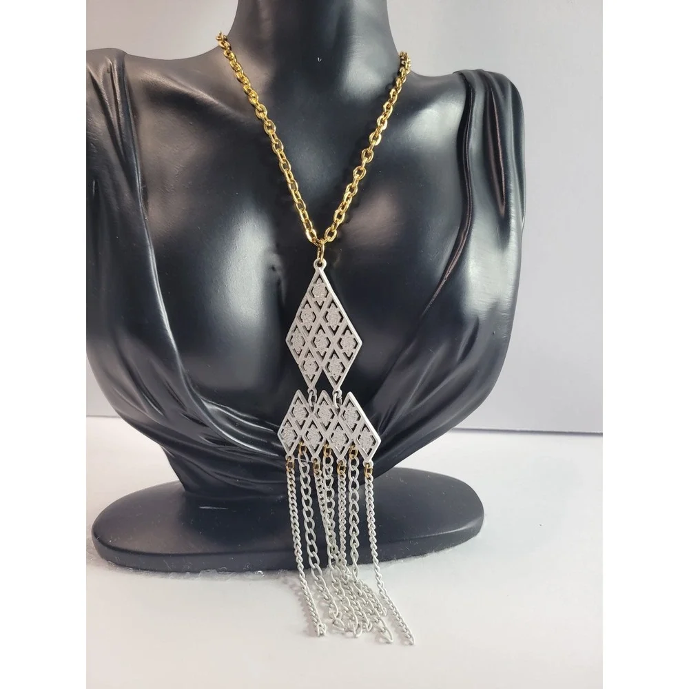 Mixed Metal Geometric Necklace Silver Gold Tone Chain Tassel Boho Statement